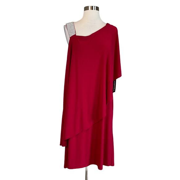 Red Beaded One Shoulder Shift Cocktail Dress Size 14W R&M Richards Draped Mini - Picture 1 of 12